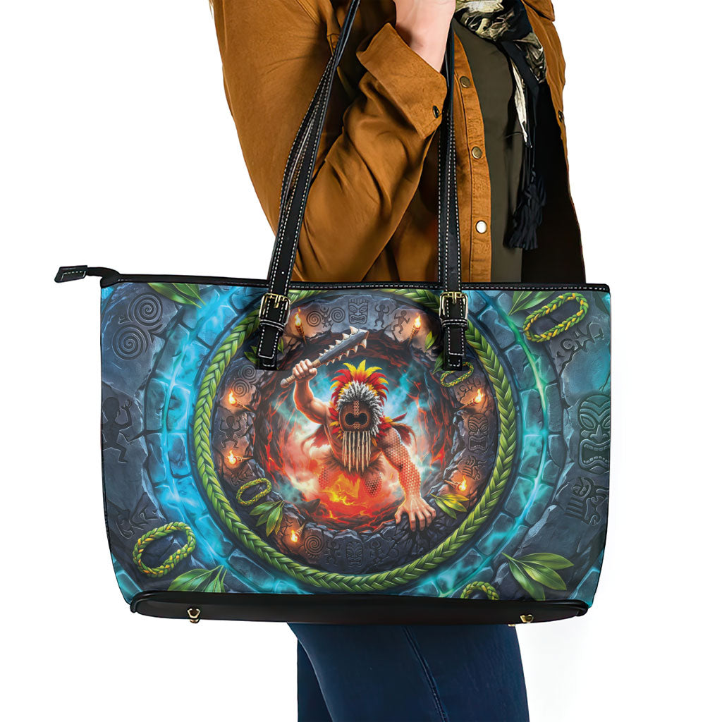 3D Illusion Nightmarchers Halloween Leather Tote Bag Hawaiian Warrior Spirit Lava Portal