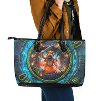 3D Illusion Nightmarchers Halloween Leather Tote Bag Hawaiian Warrior Spirit Lava Portal