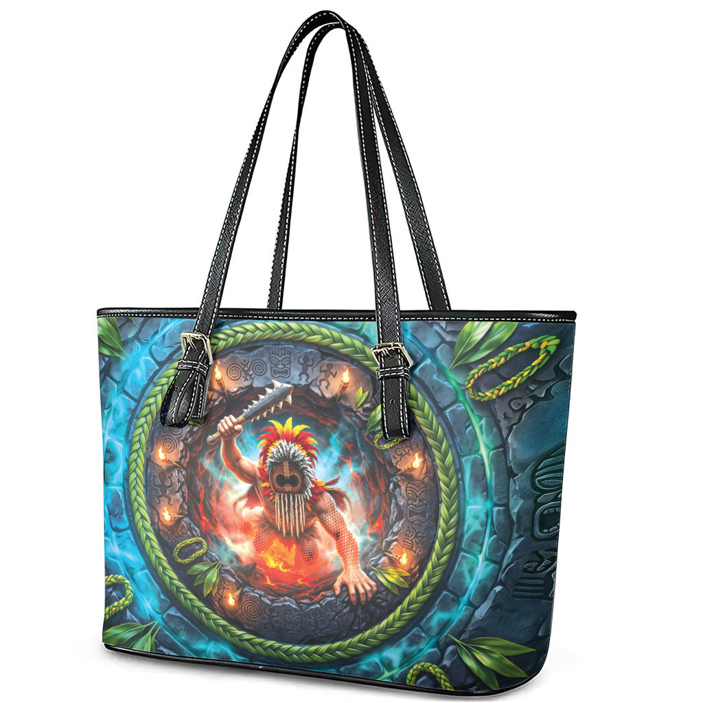 3D Illusion Nightmarchers Halloween Leather Tote Bag Hawaiian Warrior Spirit Lava Portal