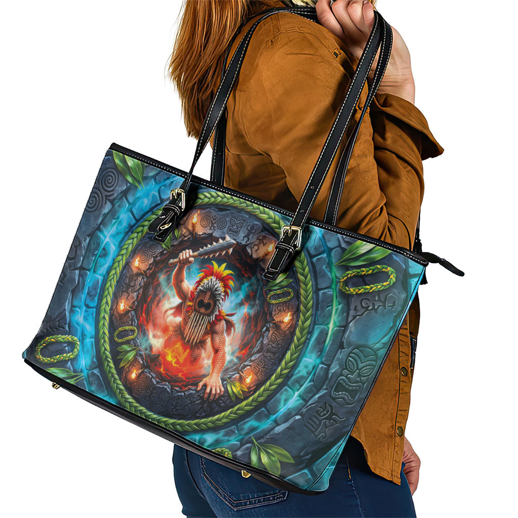 3D Illusion Nightmarchers Halloween Leather Tote Bag Hawaiian Warrior Spirit Lava Portal