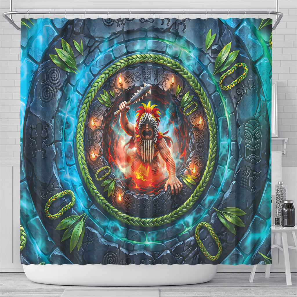 3D Illusion Nightmarchers Halloween Shower Curtain Hawaiian Warrior Spirit Lava Portal