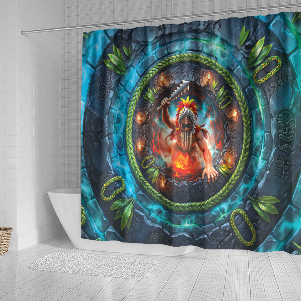 3D Illusion Nightmarchers Halloween Shower Curtain Hawaiian Warrior Spirit Lava Portal