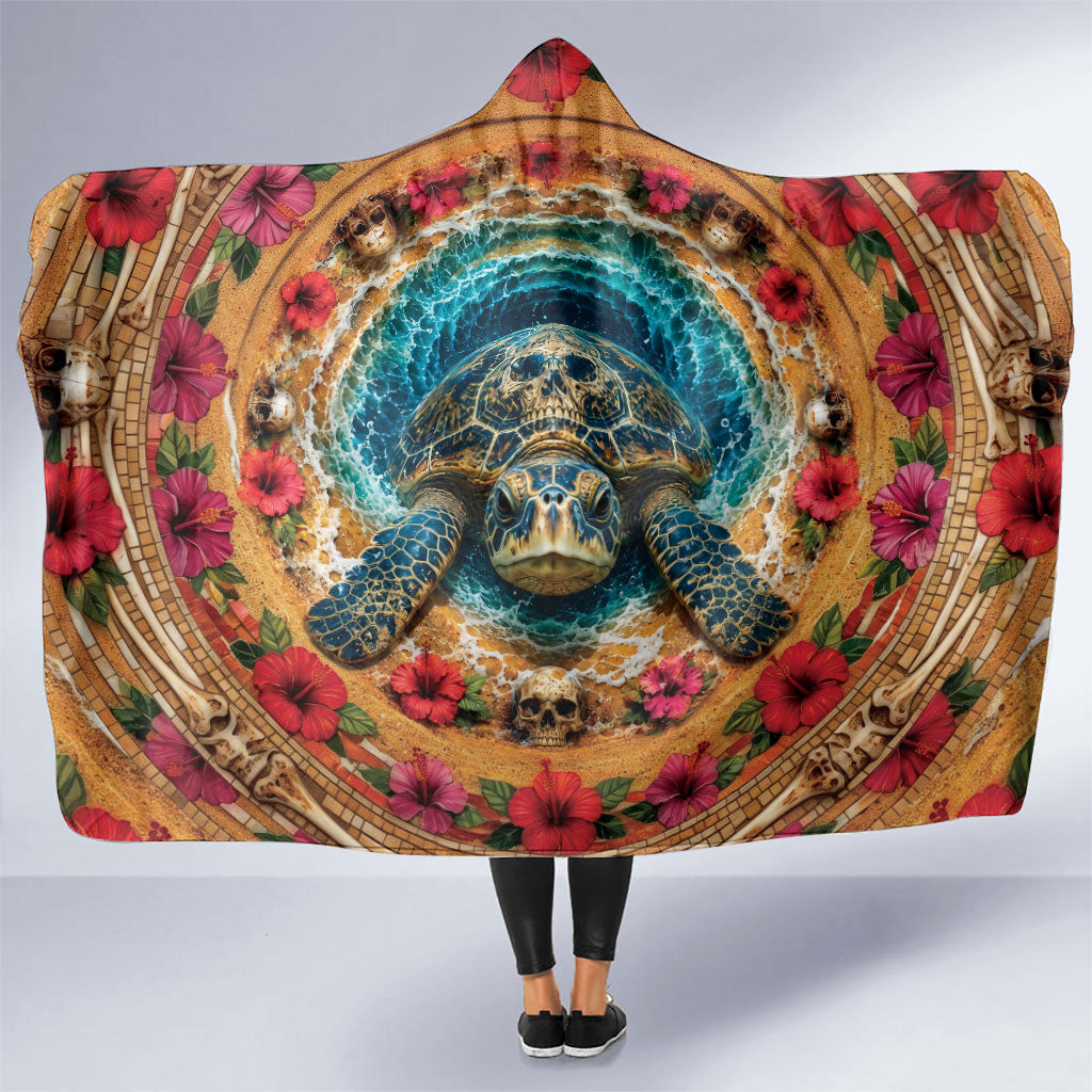 3D Illusion Honu Halloween Hooded Blanket Hawaiian Sea Turtle Skull Shell Vortex