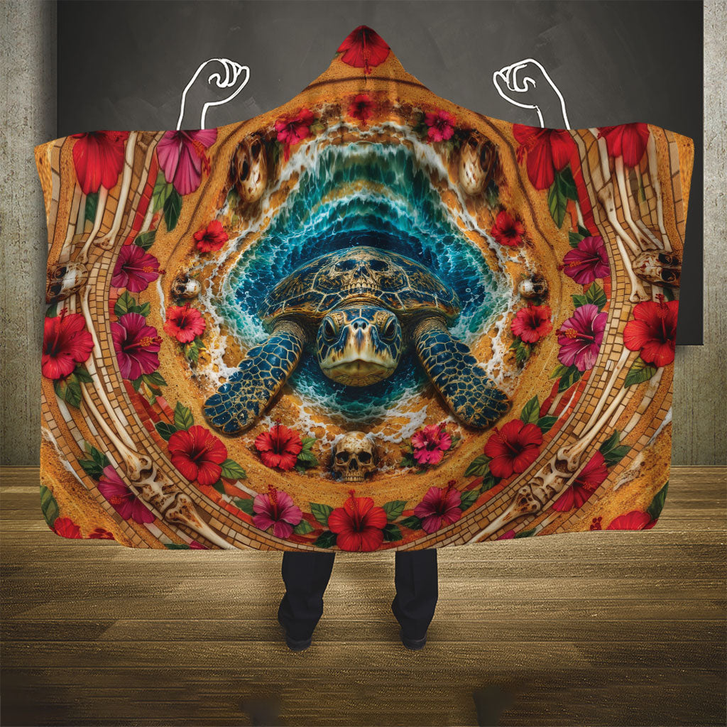 3D Illusion Honu Halloween Hooded Blanket Hawaiian Sea Turtle Skull Shell Vortex