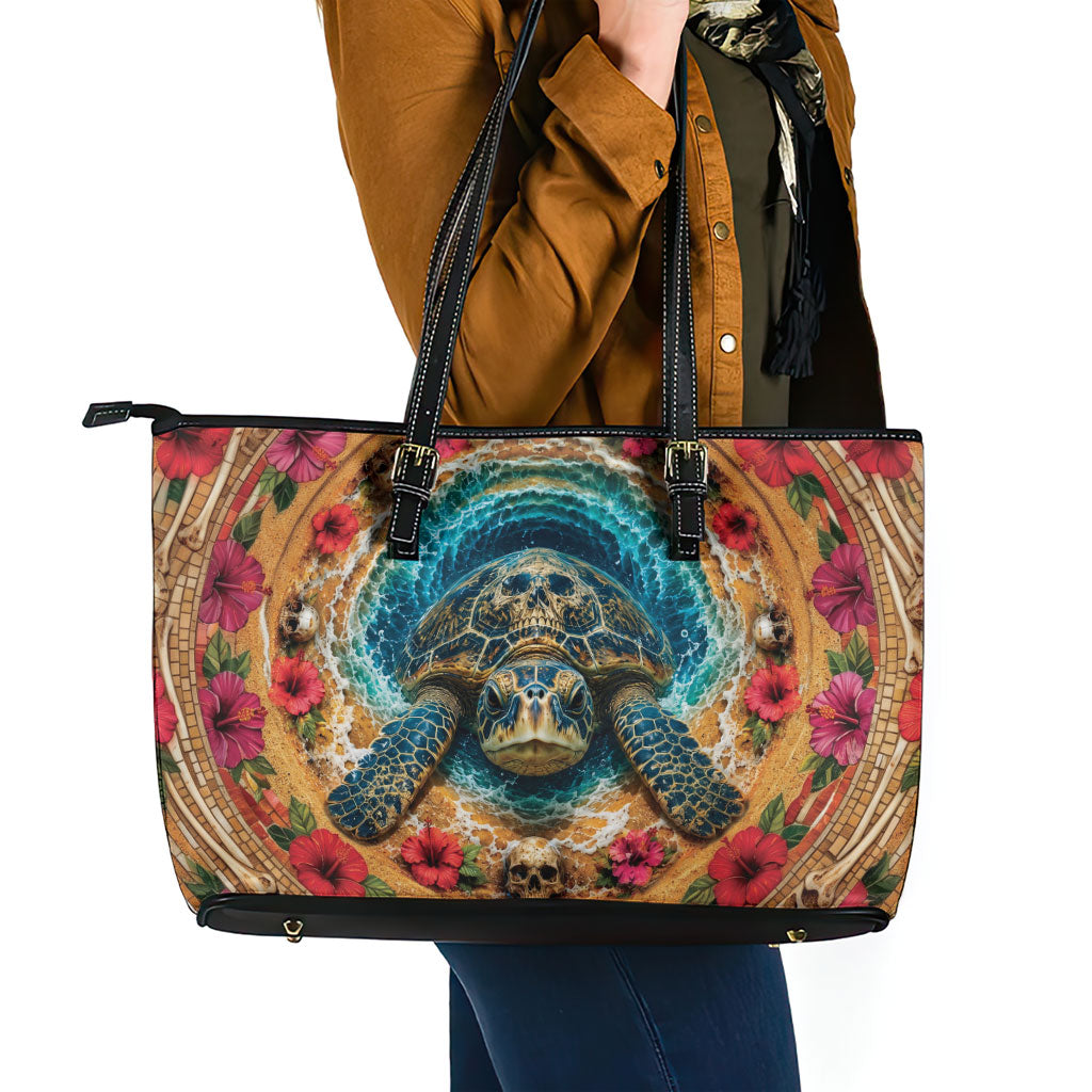 3D Illusion Honu Halloween Leather Tote Bag Hawaiian Sea Turtle Skull Shell Vortex