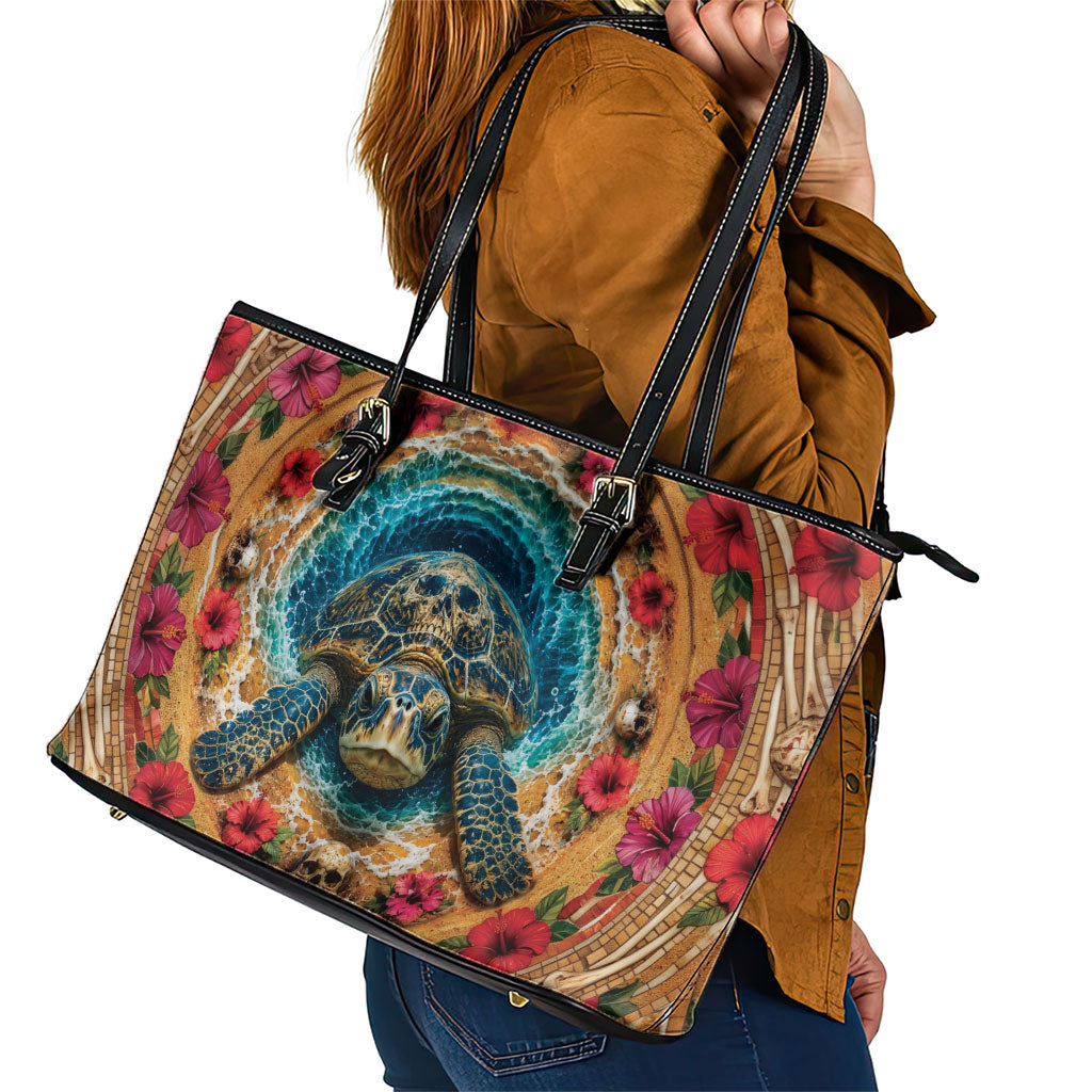 3D Illusion Honu Halloween Leather Tote Bag Hawaiian Sea Turtle Skull Shell Vortex