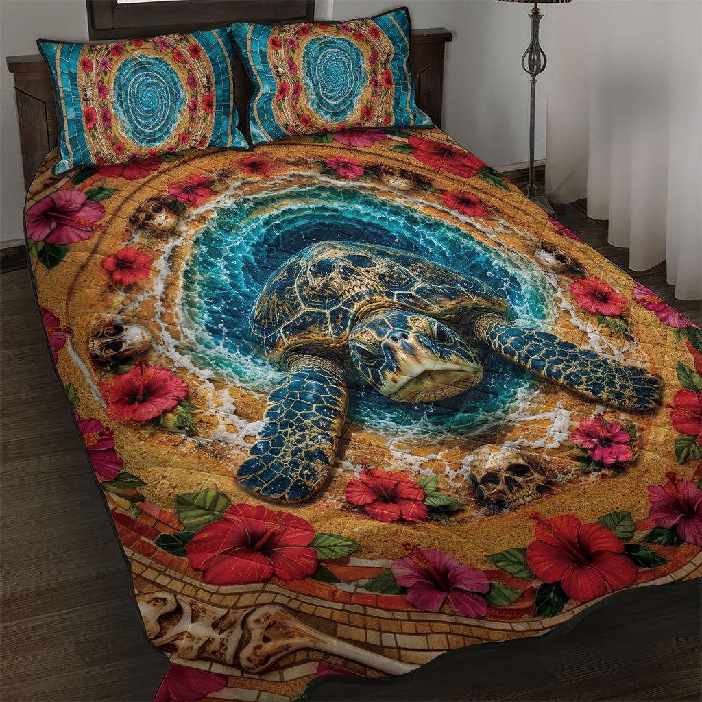 3D Illusion Honu Halloween Quilt Bed Set Hawaiian Sea Turtle Skull Shell Vortex