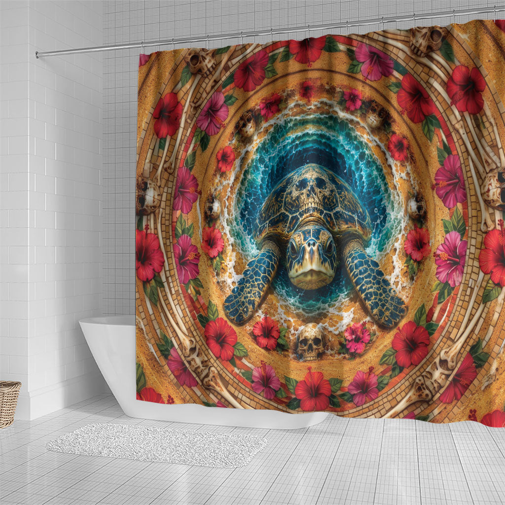 3D Illusion Honu Halloween Shower Curtain Hawaiian Sea Turtle Skull Shell Vortex