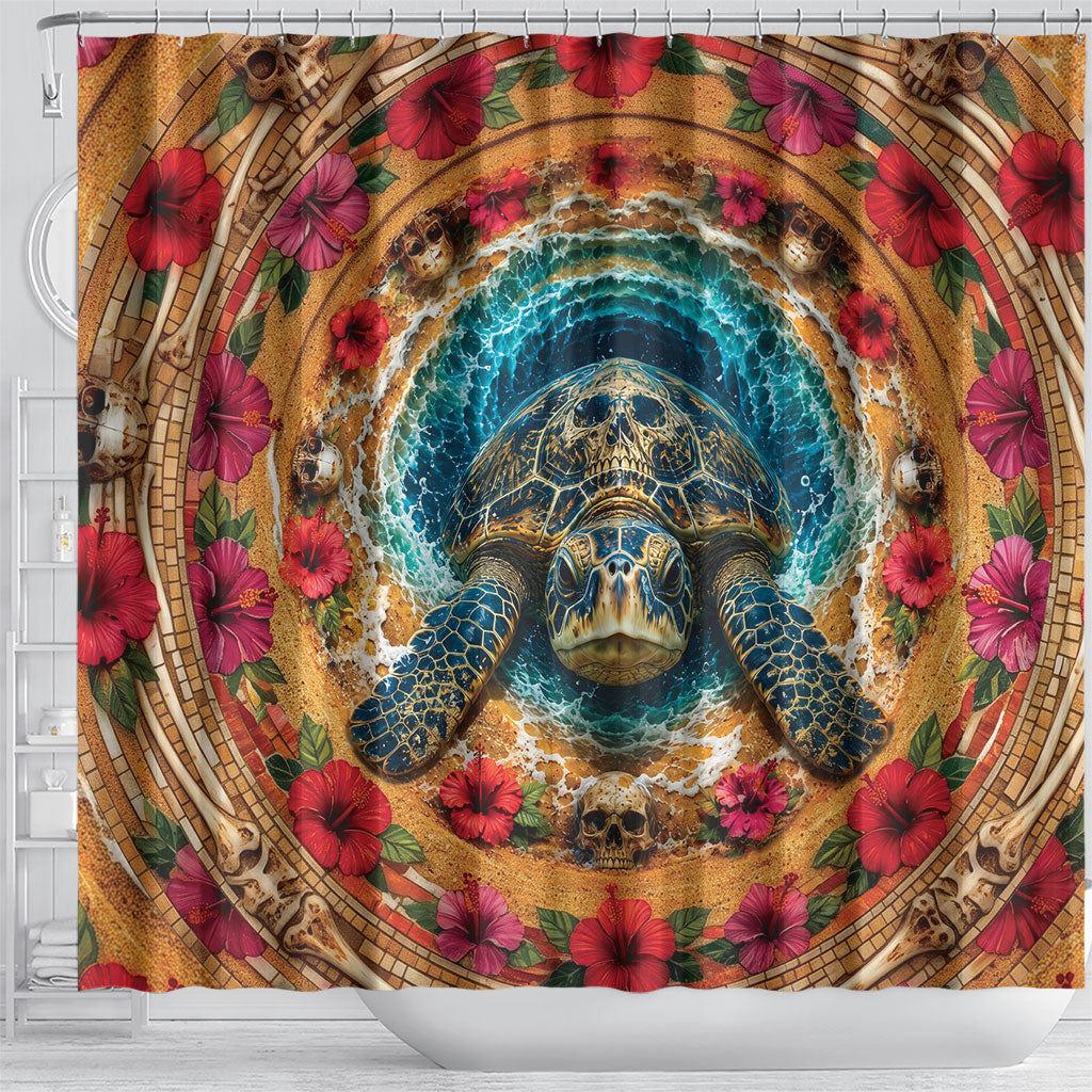 3D Illusion Honu Halloween Shower Curtain Hawaiian Sea Turtle Skull Shell Vortex