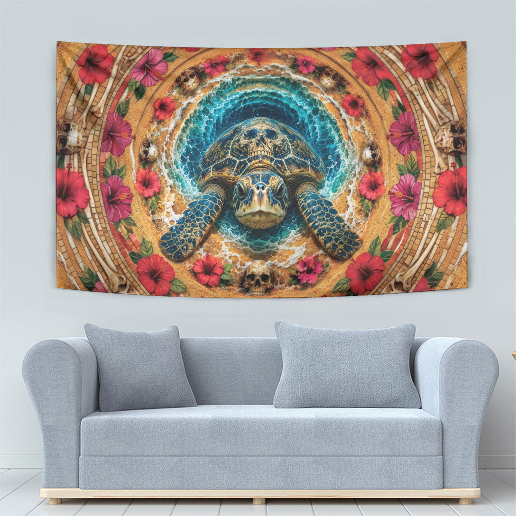 3D Illusion Honu Halloween Tapestry Hawaiian Sea Turtle Skull Shell Vortex