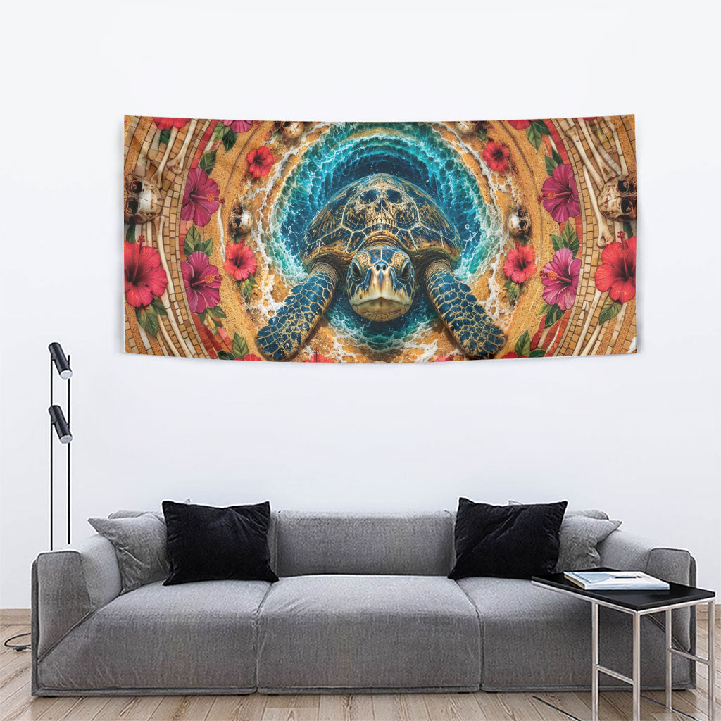 3D Illusion Honu Halloween Tapestry Hawaiian Sea Turtle Skull Shell Vortex