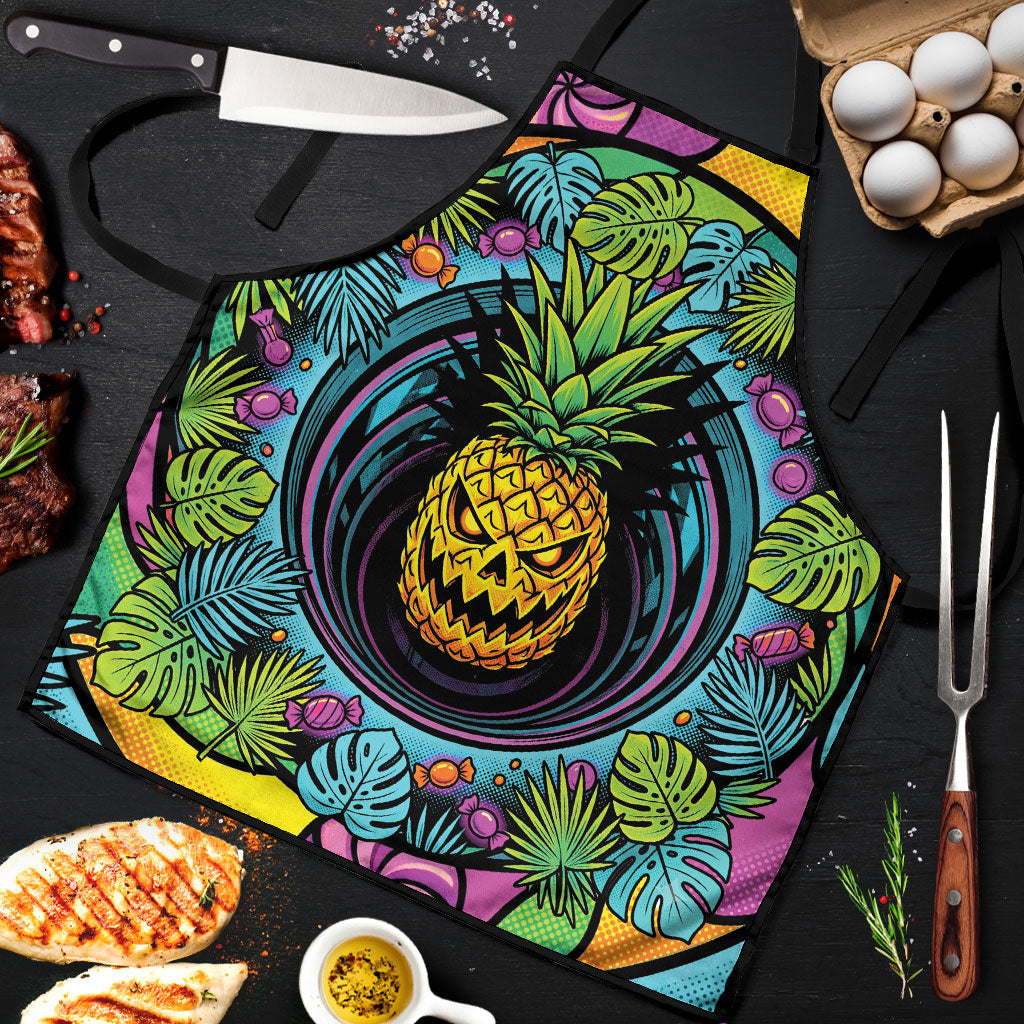 3D Illusion Pineapple Jack O Lantern Halloween Apron Tropical Spooky Fruit Monstera Swirl