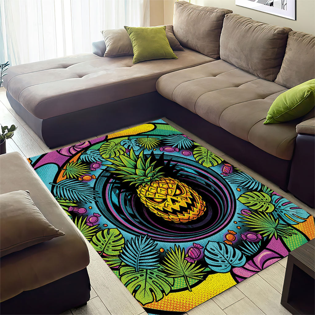 3D Illusion Pineapple Jack O Lantern Halloween Area Rug Tropical Spooky Fruit Monstera Swirl