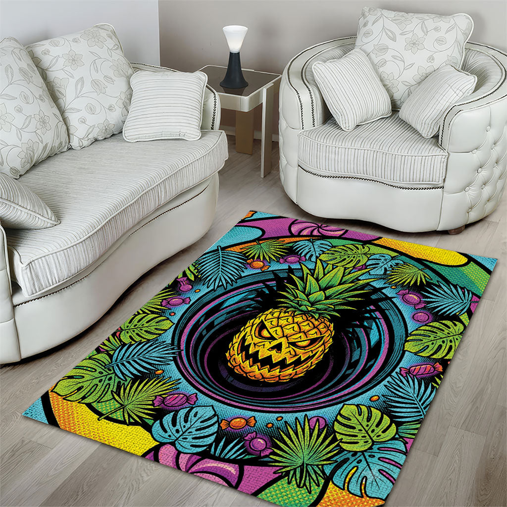 3D Illusion Pineapple Jack O Lantern Halloween Area Rug Tropical Spooky Fruit Monstera Swirl