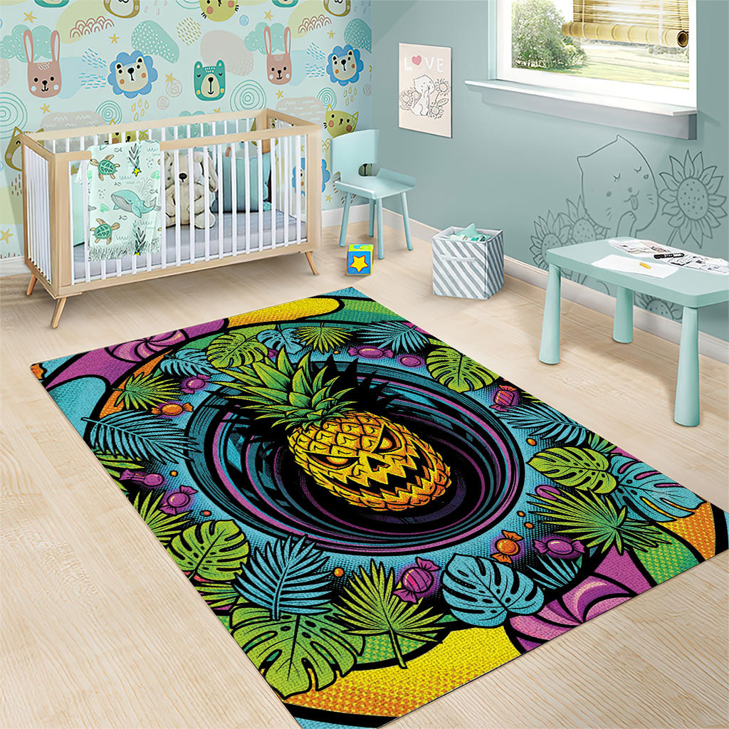 3D Illusion Pineapple Jack O Lantern Halloween Area Rug Tropical Spooky Fruit Monstera Swirl