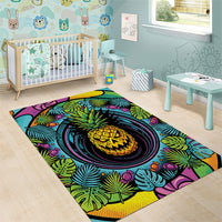 3D Illusion Pineapple Jack O Lantern Halloween Area Rug Tropical Spooky Fruit Monstera Swirl