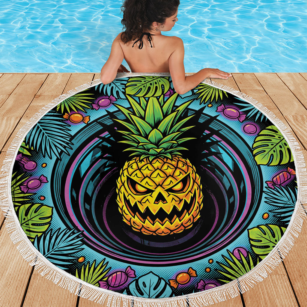 3D Illusion Pineapple Jack O Lantern Halloween Beach Blanket Tropical Spooky Fruit Monstera Swirl