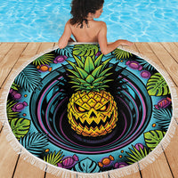 3D Illusion Pineapple Jack O Lantern Halloween Beach Blanket Tropical Spooky Fruit Monstera Swirl