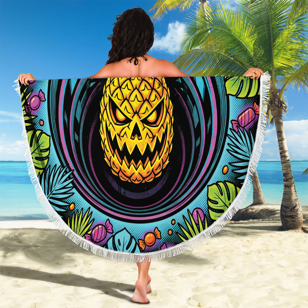 3D Illusion Pineapple Jack O Lantern Halloween Beach Blanket Tropical Spooky Fruit Monstera Swirl