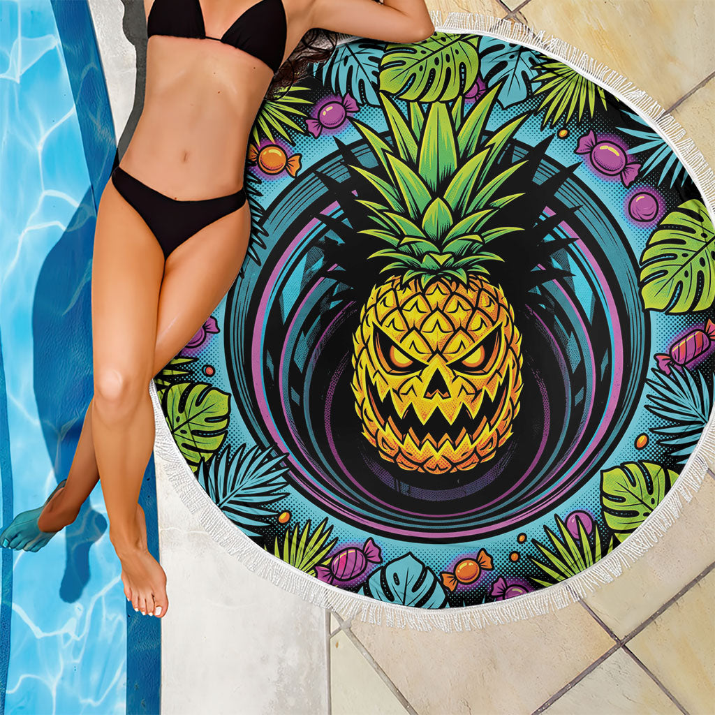 3D Illusion Pineapple Jack O Lantern Halloween Beach Blanket Tropical Spooky Fruit Monstera Swirl
