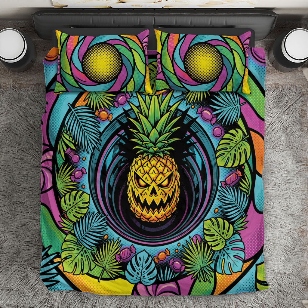 3D Illusion Pineapple Jack O Lantern Halloween Bedding Set Tropical Spooky Fruit Monstera Swirl
