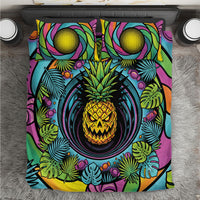 3D Illusion Pineapple Jack O Lantern Halloween Bedding Set Tropical Spooky Fruit Monstera Swirl