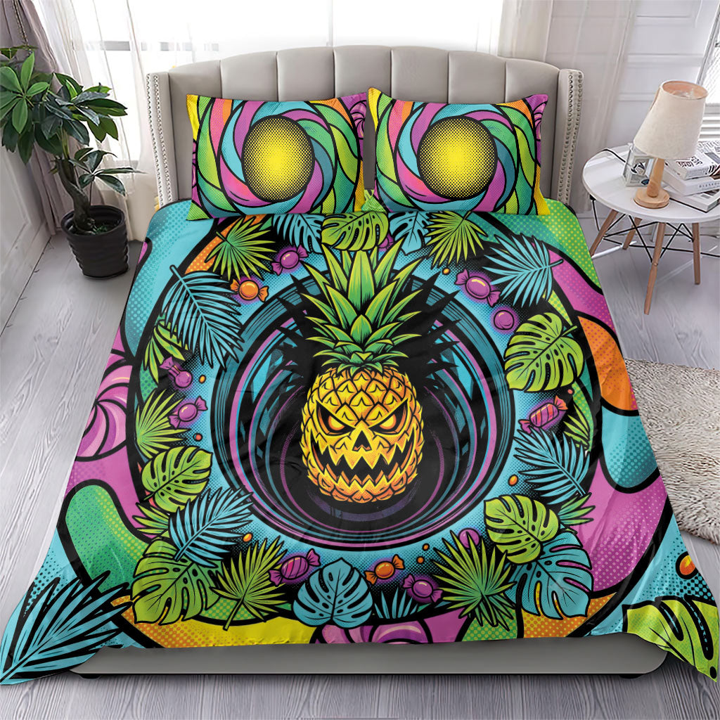 3D Illusion Pineapple Jack O Lantern Halloween Bedding Set Tropical Spooky Fruit Monstera Swirl