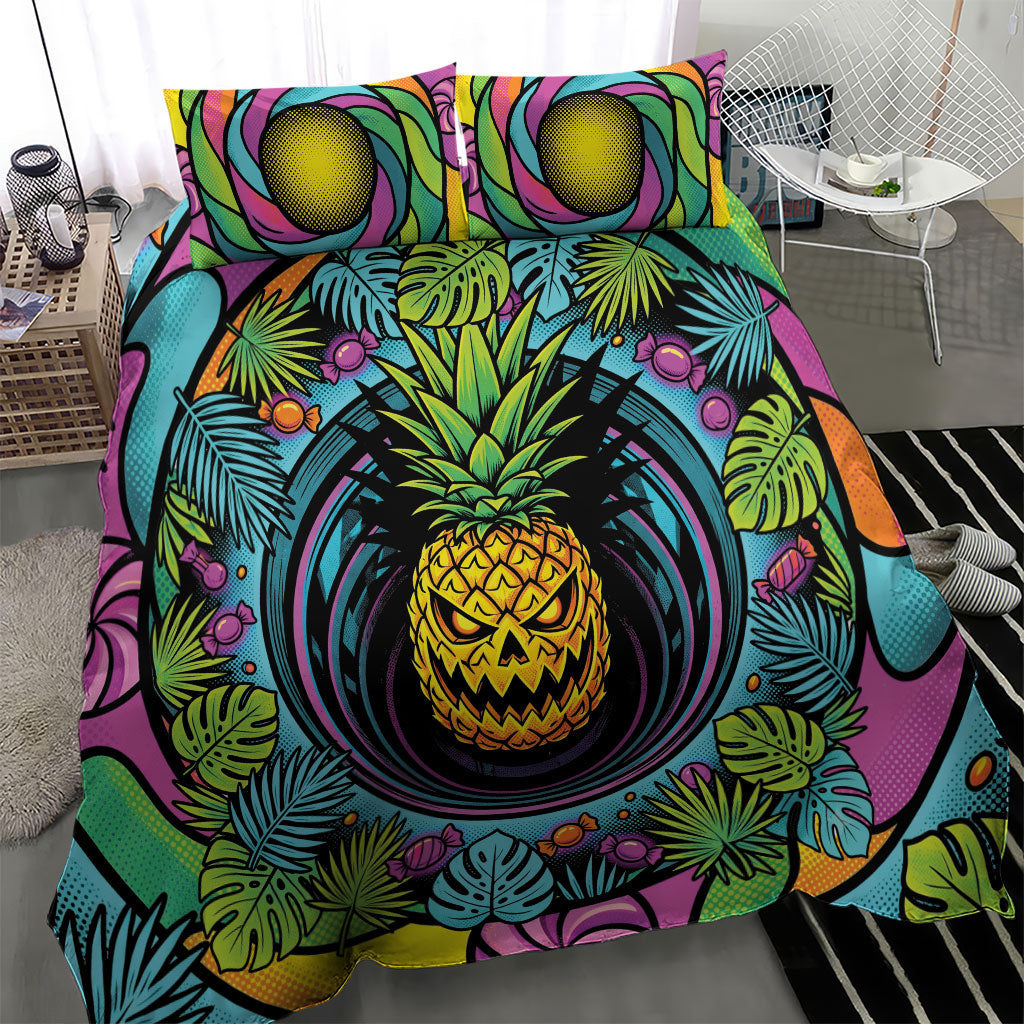 3D Illusion Pineapple Jack O Lantern Halloween Bedding Set Tropical Spooky Fruit Monstera Swirl