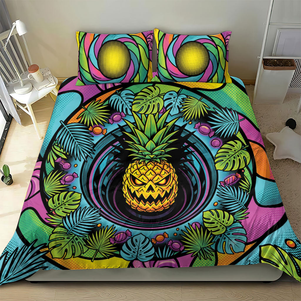 3D Illusion Pineapple Jack O Lantern Halloween Bedding Set Tropical Spooky Fruit Monstera Swirl