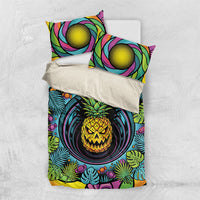 3D Illusion Pineapple Jack O Lantern Halloween Bedding Set Tropical Spooky Fruit Monstera Swirl