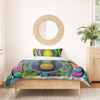3D Illusion Pineapple Jack O Lantern Halloween Bedding Set Tropical Spooky Fruit Monstera Swirl