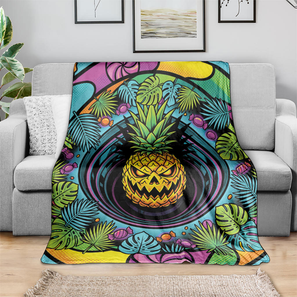 3D Illusion Pineapple Jack O Lantern Halloween Blanket Tropical Spooky Fruit Monstera Swirl