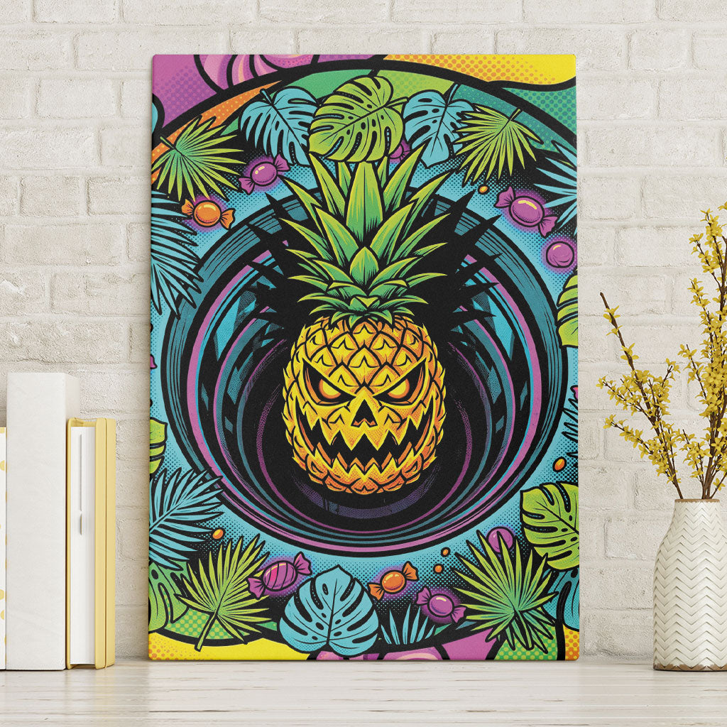 3D Illusion Pineapple Jack O Lantern Halloween Canvas Wall Art Tropical Spooky Fruit Monstera Swirl
