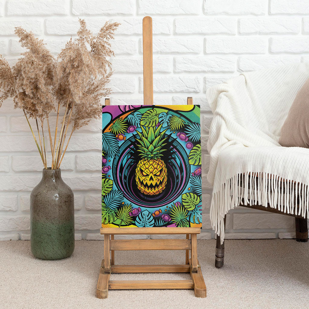 3D Illusion Pineapple Jack O Lantern Halloween Canvas Wall Art Tropical Spooky Fruit Monstera Swirl