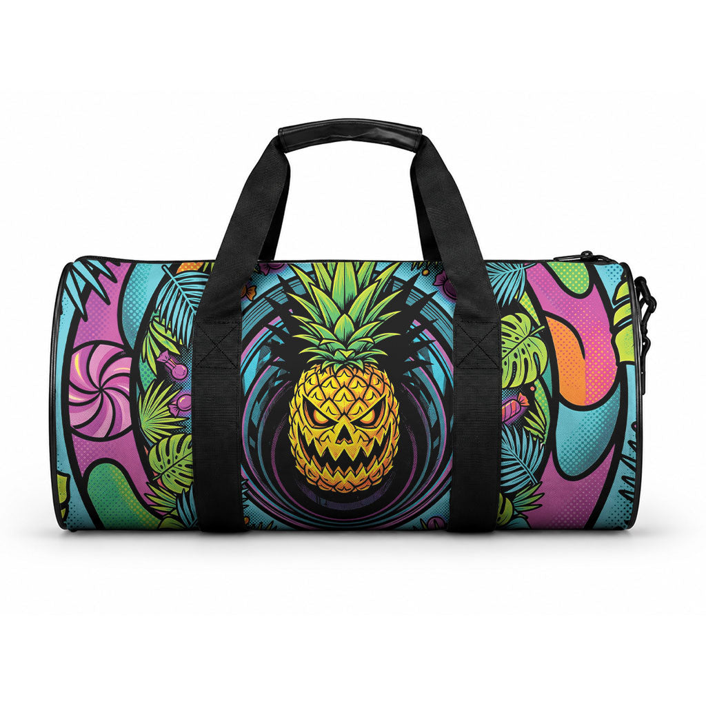 3D Illusion Pineapple Jack O Lantern Halloween Duffle Bag Tropical Spooky Fruit Monstera Swirl