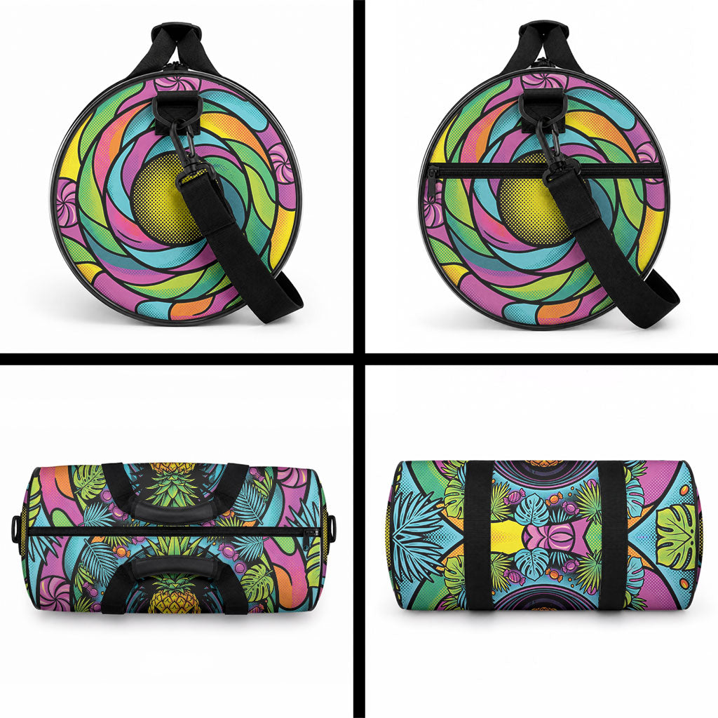 3D Illusion Pineapple Jack O Lantern Halloween Duffle Bag Tropical Spooky Fruit Monstera Swirl