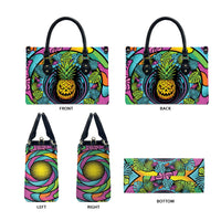 3D Illusion Pineapple Jack O Lantern Halloween Leather Bag Tropical Spooky Fruit Monstera Swirl