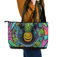 3D Illusion Pineapple Jack O Lantern Halloween Leather Tote Bag Tropical Spooky Fruit Monstera Swirl
