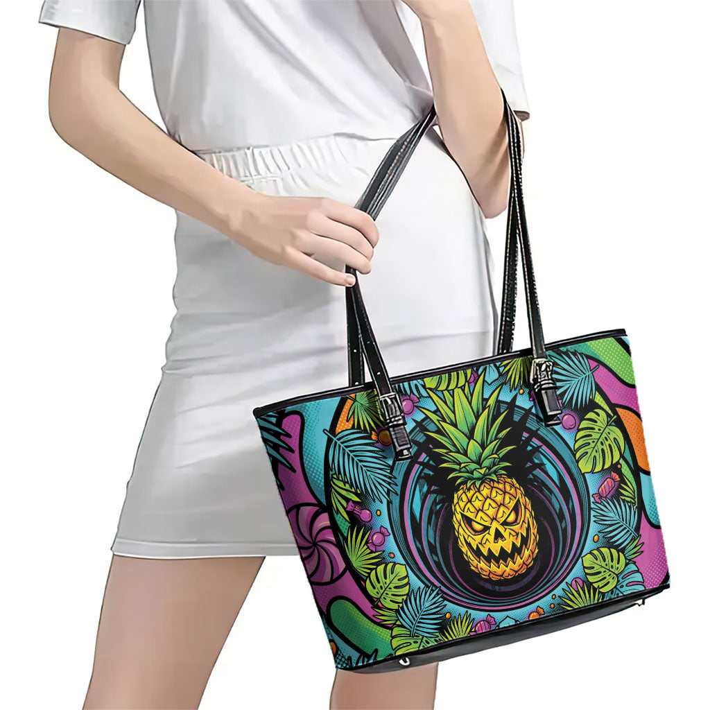 3D Illusion Pineapple Jack O Lantern Halloween Leather Tote Bag Tropical Spooky Fruit Monstera Swirl