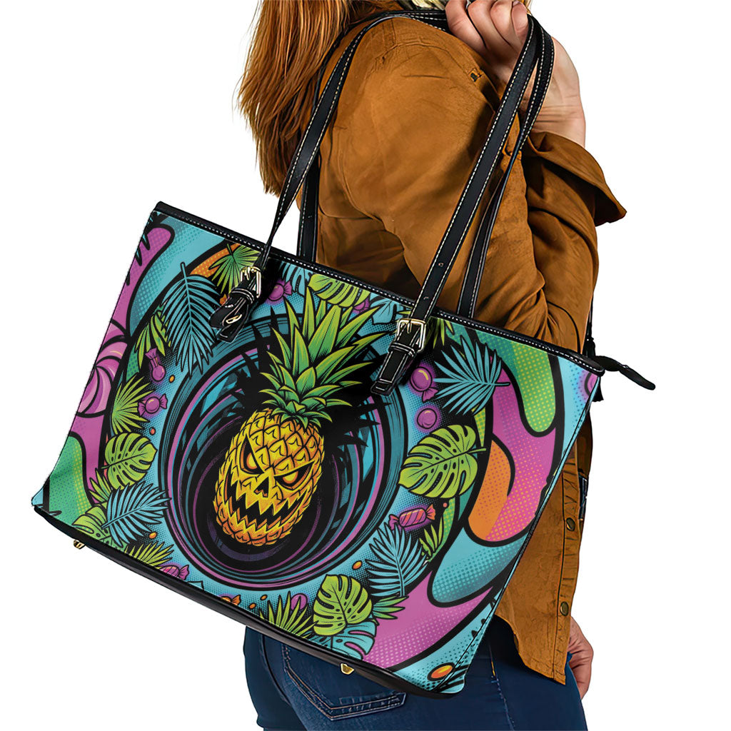 3D Illusion Pineapple Jack O Lantern Halloween Leather Tote Bag Tropical Spooky Fruit Monstera Swirl