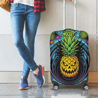 3D Illusion Pineapple Jack O Lantern Halloween Luggage Cover Tropical Spooky Fruit Monstera Swirl