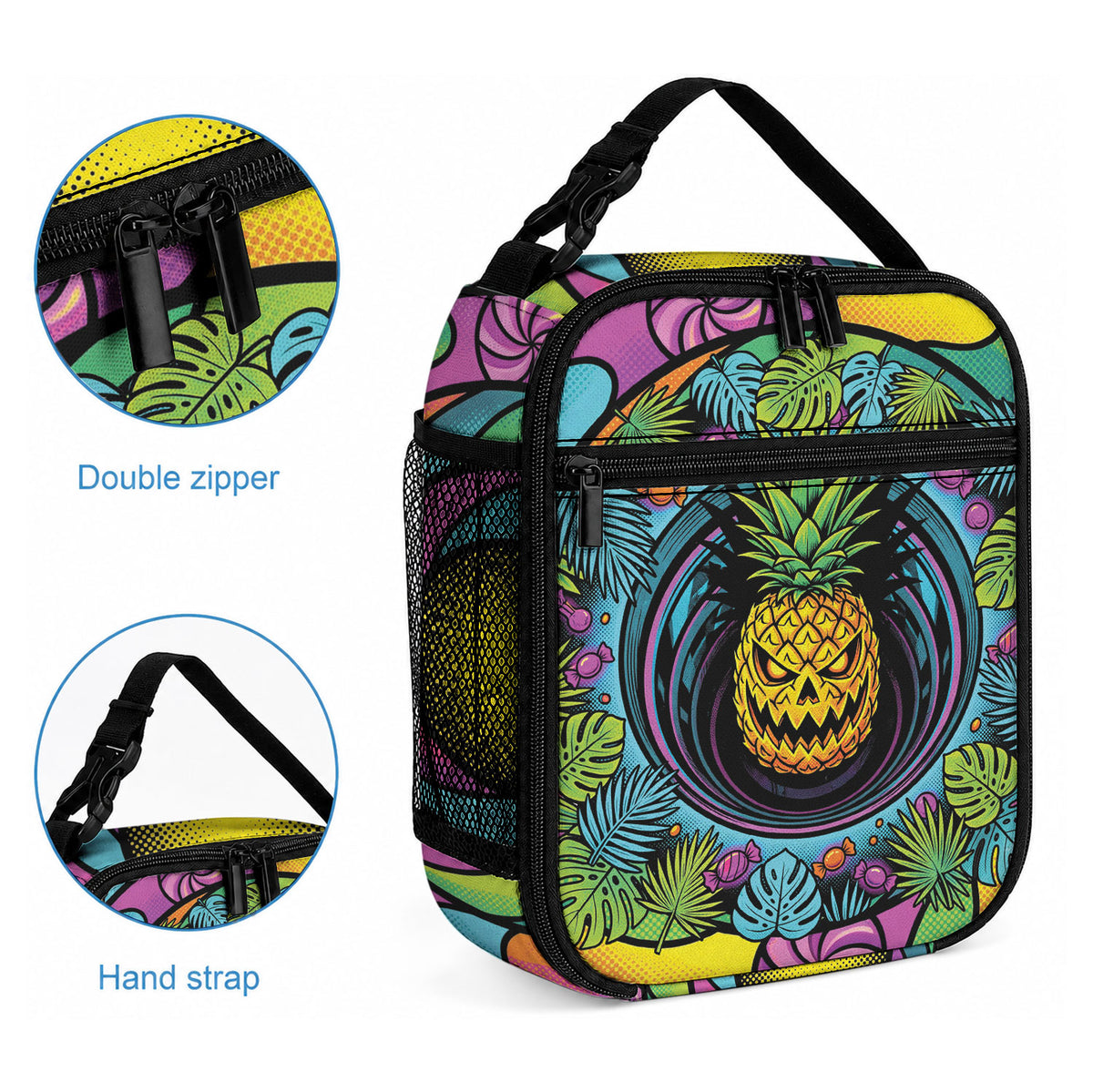 3D Illusion Pineapple Jack O Lantern Halloween Lunch Bag Tropical Spooky Fruit Monstera Swirl