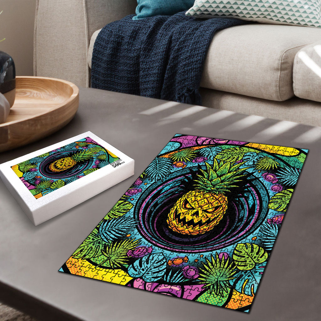 3D Illusion Pineapple Jack O Lantern Halloween Puzzle Tropical Spooky Fruit Monstera Swirl