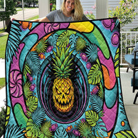 3D Illusion Pineapple Jack O Lantern Halloween Quilt Tropical Spooky Fruit Monstera Swirl