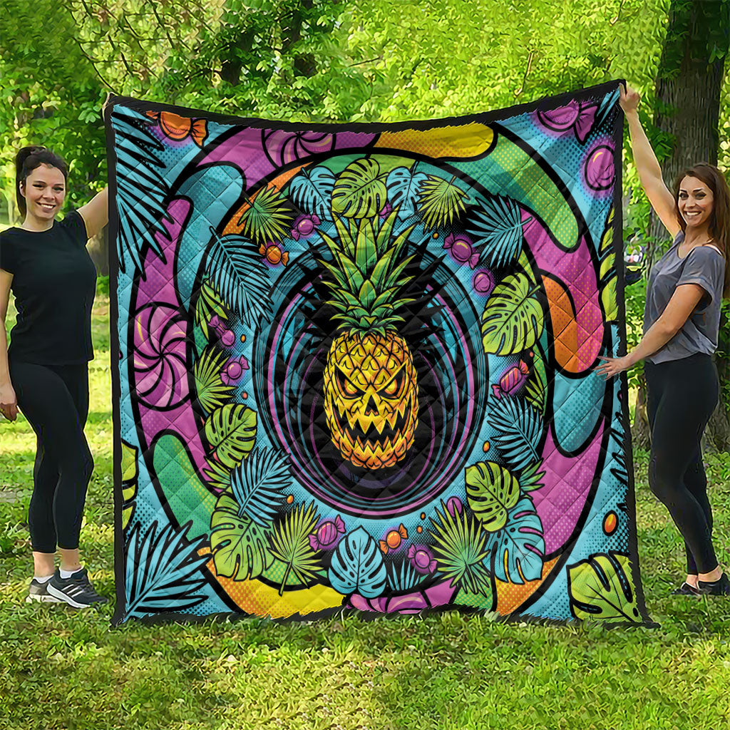3D Illusion Pineapple Jack O Lantern Halloween Quilt Tropical Spooky Fruit Monstera Swirl