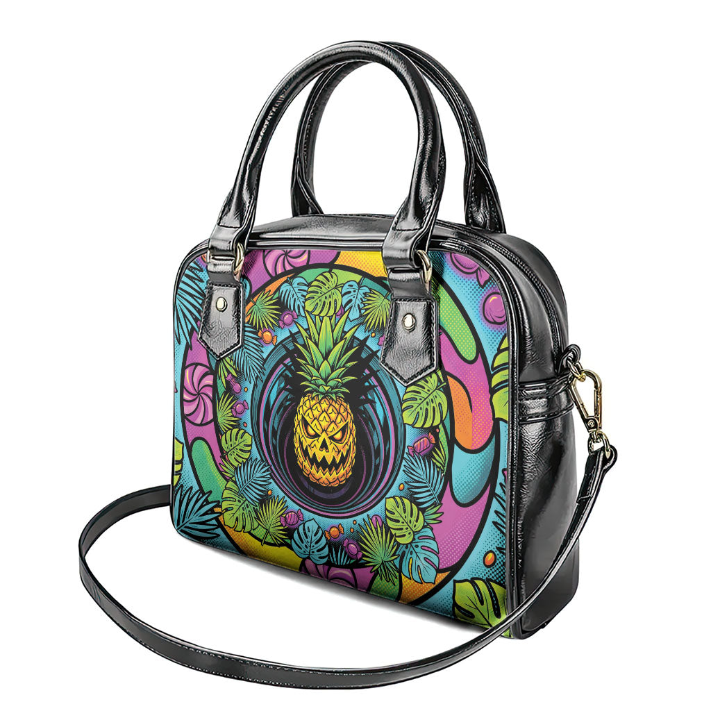 3D Illusion Pineapple Jack O Lantern Halloween Shoulder Handbag Tropical Spooky Fruit Monstera Swirl
