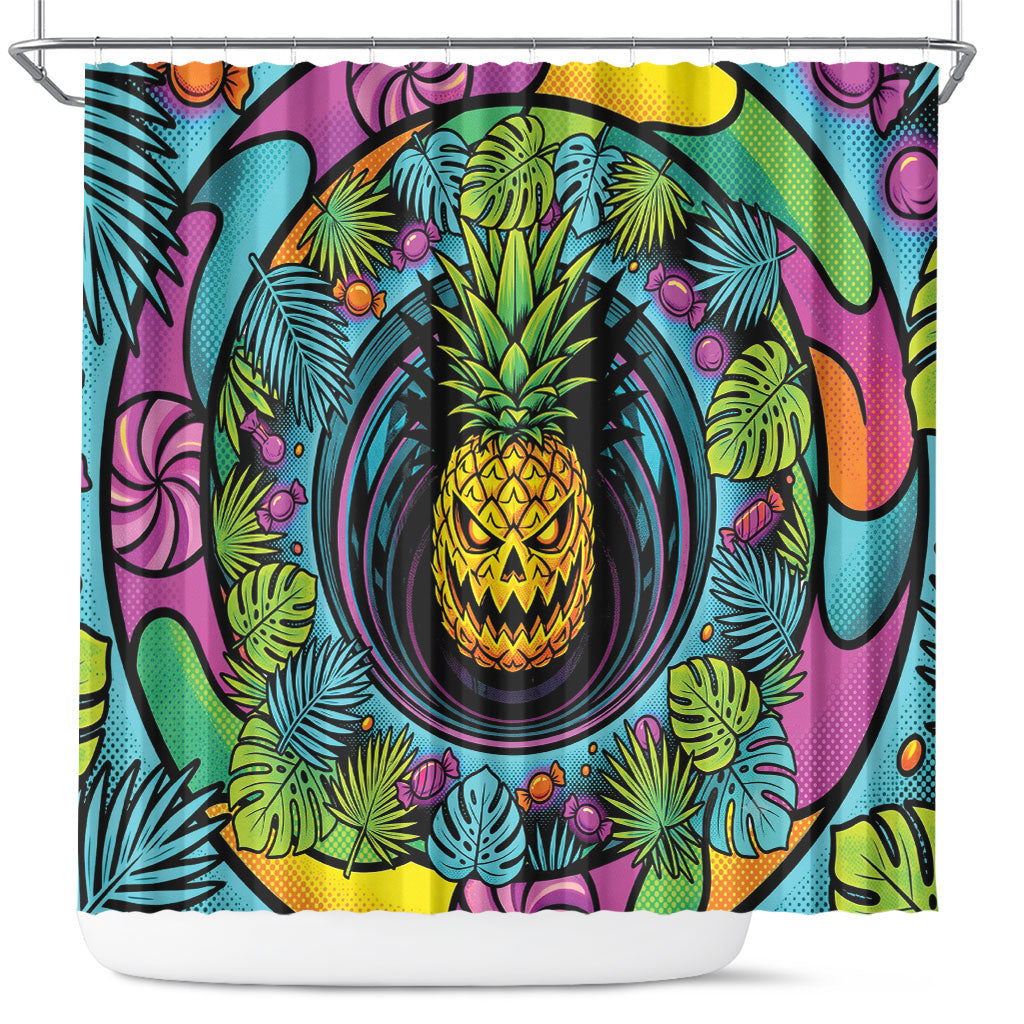 3D Illusion Pineapple Jack O Lantern Halloween Shower Curtain Tropical Spooky Fruit Monstera Swirl
