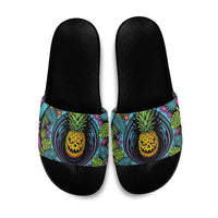 3D Illusion Pineapple Jack O Lantern Halloween Slide Sandals Tropical Spooky Fruit Monstera Swirl