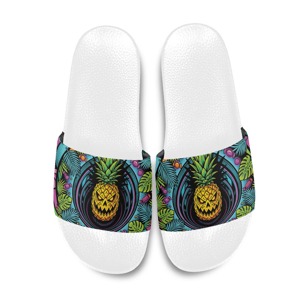 3D Illusion Pineapple Jack O Lantern Halloween Slide Sandals Tropical Spooky Fruit Monstera Swirl