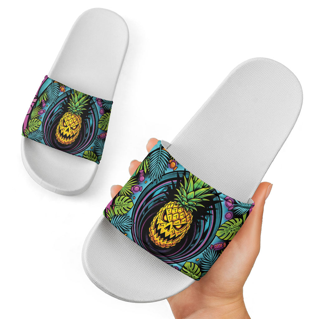3D Illusion Pineapple Jack O Lantern Halloween Slide Sandals Tropical Spooky Fruit Monstera Swirl